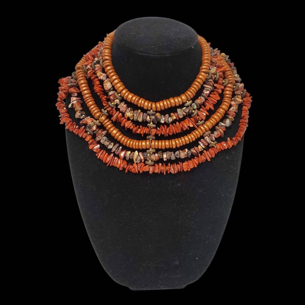 Vintage Maya Evangelista Semi Precious Stones And Resin 6 Strand Bib Choker Neck